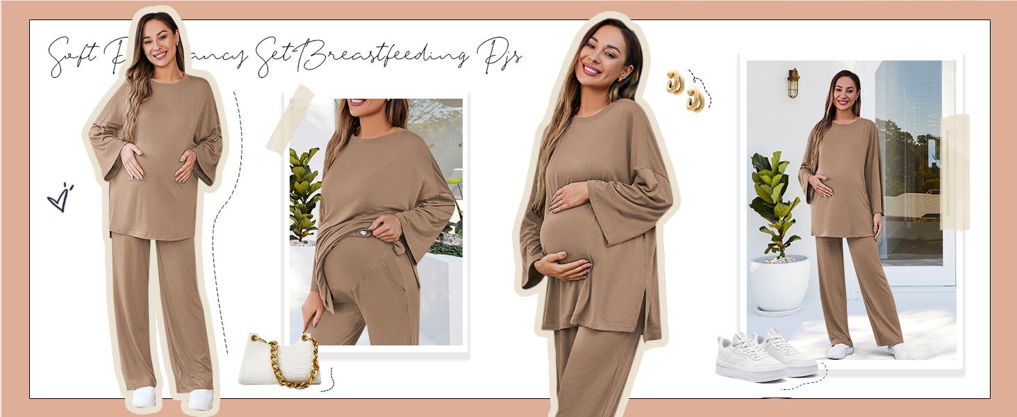 Danedvi Womens Maternity Pajamas Sets 2 Piece Outfits Long Sleeve Tops and Pregnancy Loungewear Mama Clothes with Pockets Plus Size