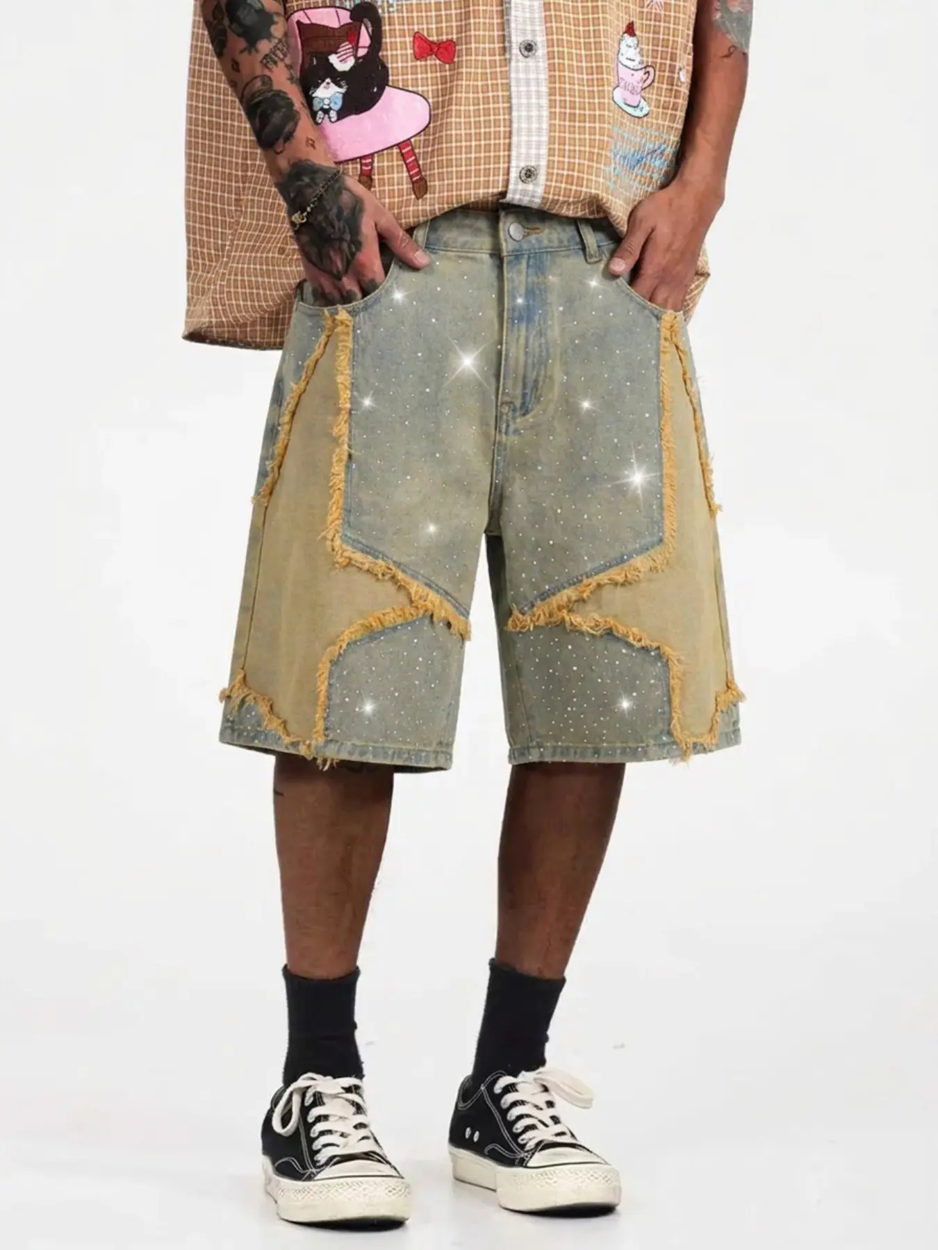 American Style Vintage Denim Jeans, Loose Fit Five-Pocket Design, All-Over Star Rhinestone Embellishment, Unisex High Street Fashion