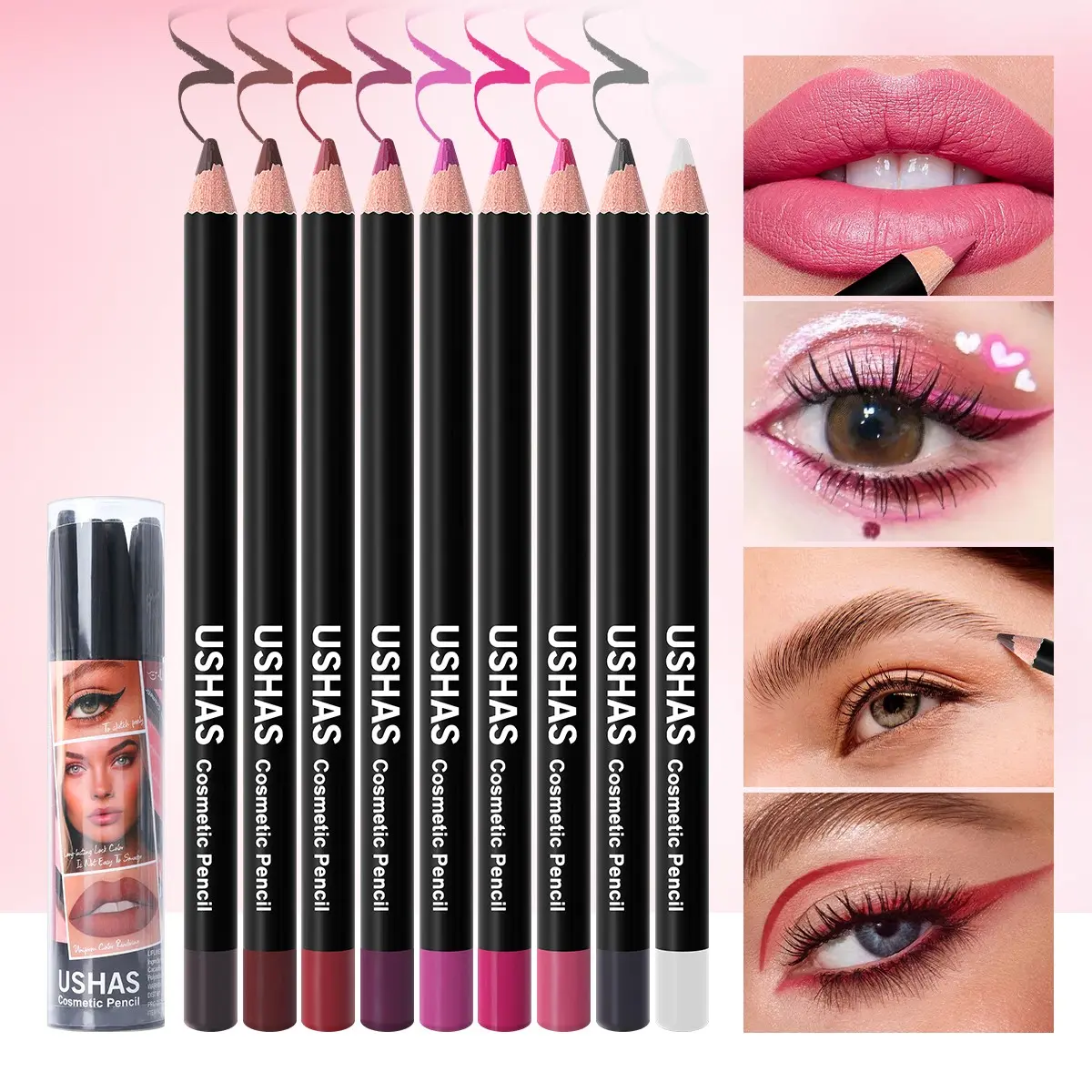 Ushas 9 Color Multi-Functional Makeup Pencil Set, Lip Liner, Eyeliner, Brow Pencil Trio, Cosmetic Tools for Daily Use