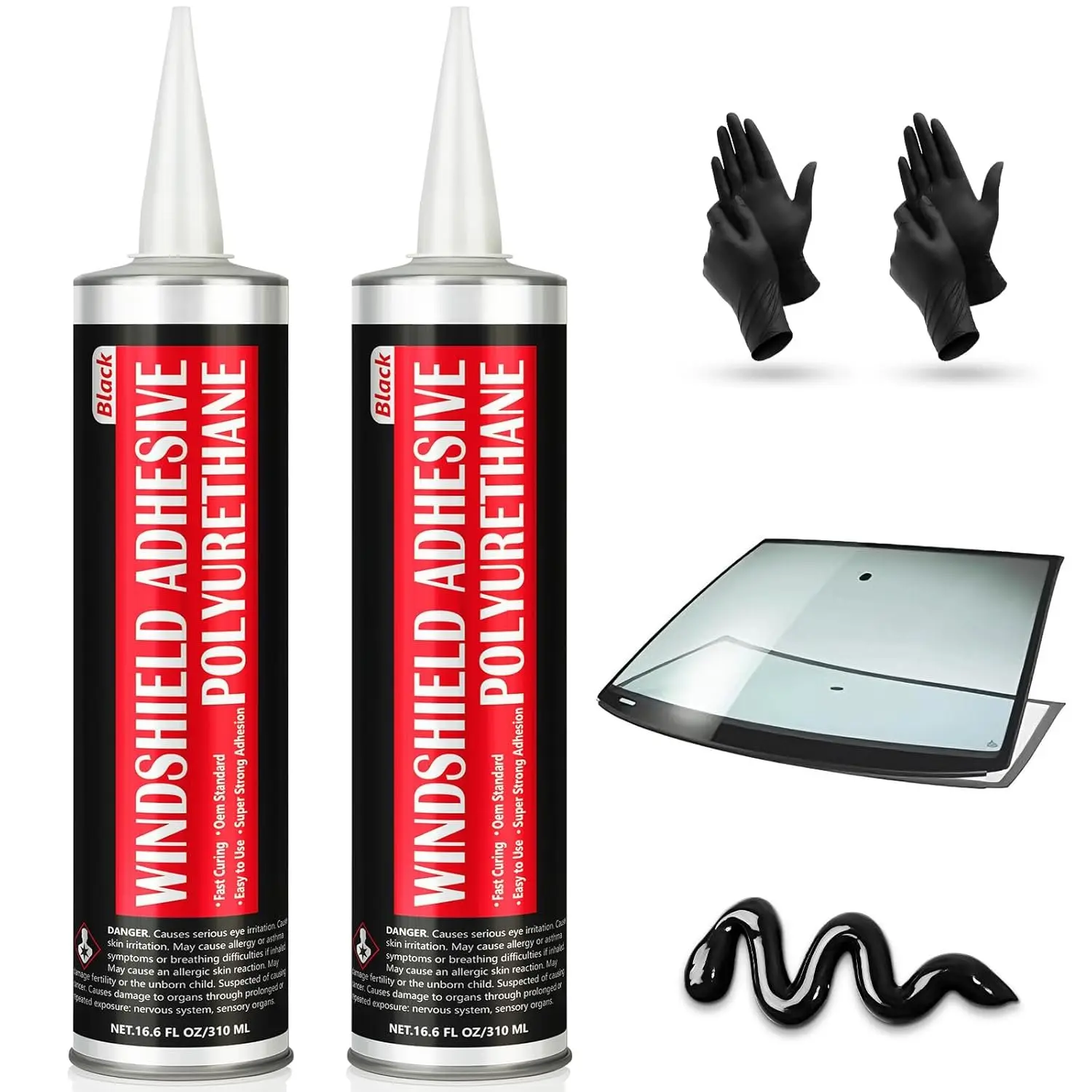 [2 Pack] 310ml Black Polyurethane Windshield Adhesive Cartridges + Gloves, High Bonding Quick Cure Weather Resistant Automotive Glass Glue for Windshield Repair, Vertical & Overhead Use by Automotive Users