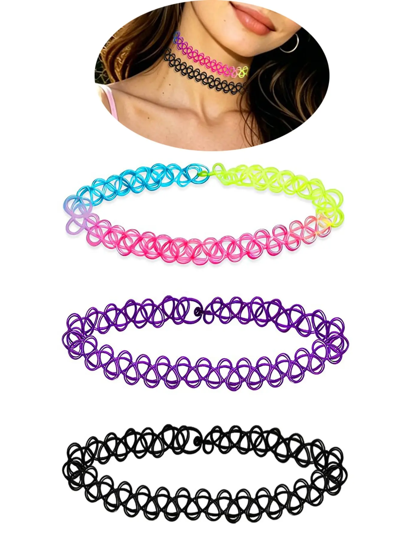 3PCS Black Tattoo Choker Necklace Rainbow Purple 90s Chokers Gothic Y2K 2000s Concert Collar Adjustable Stretchy Elastic Necklace Jewelry Gift for Women Fashionable Jewelry Accessories
