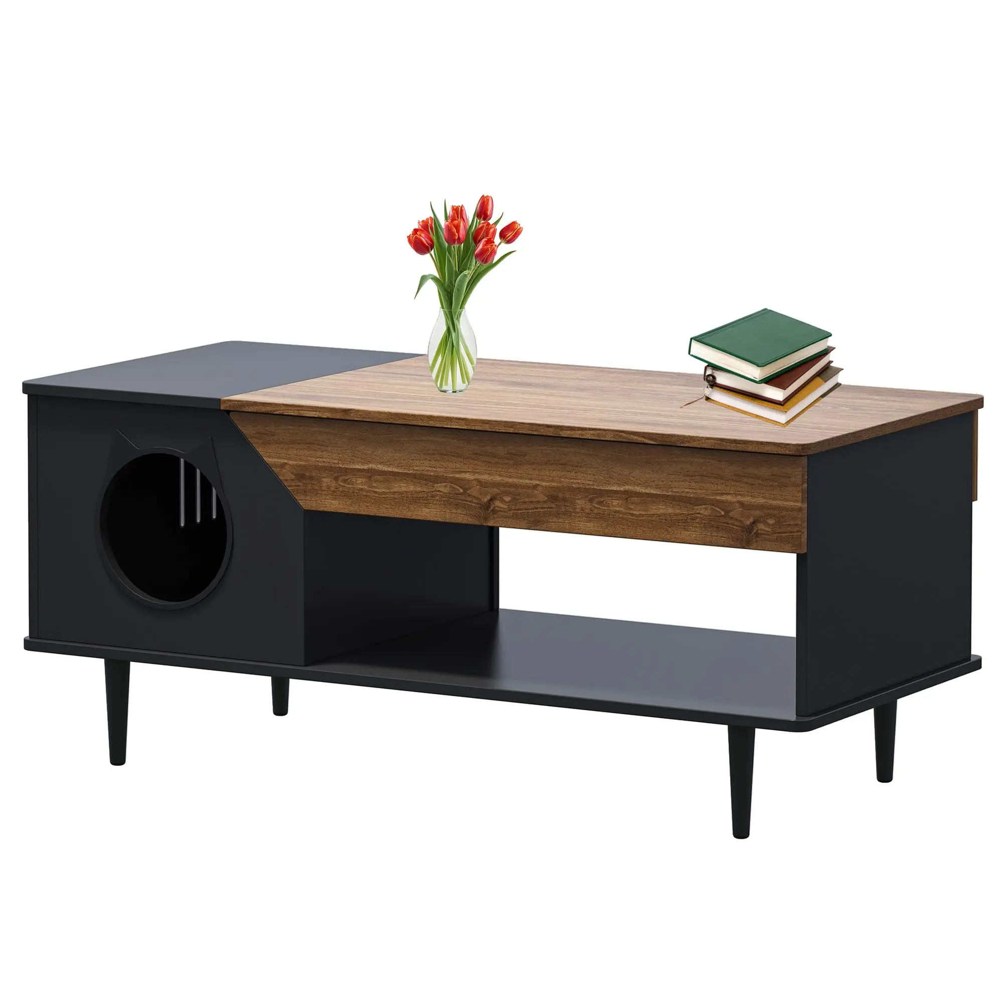 Cat Litter Box Coffee Table – 45" Farmhouse Style, Hidden Cat Bed & Litter Enclosure – with Drawer & Storage – Black/White – Cat Head Door