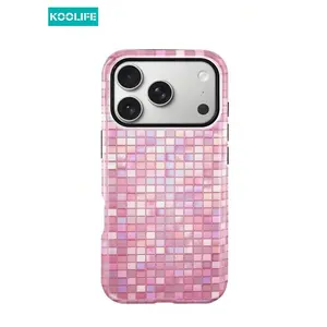 Koolife 1pc Pink Iridescent Mosaic Grid Phone Case, 2-In-1 Phone Case, PC+TPU Material, Glossy Hard Shell, Glitter Tile Pattern Anti-Scratch Shockproof Cover, Compatible With Apple 17/17pro/17promax/17Air/16/15/14/13/12/11/7/8/7plus/8plus/XR/X/XS/XS MAX