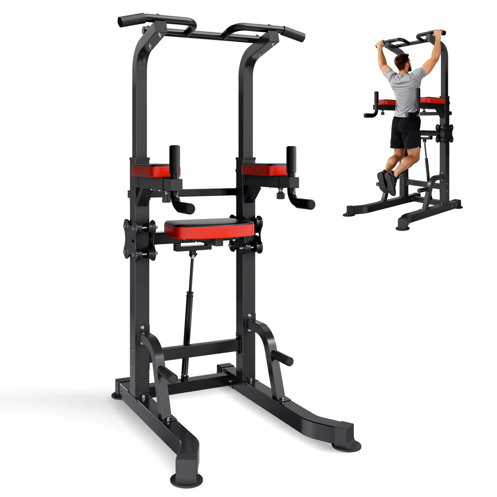 Pull Up Bar, 330 LBS Power Tower Dip Station, Workout Dip Station with H-Shaped Stable Base Assistance Platform, Adjustable 9 Level Height Pullup Stand for Back, 3-Level Adjustable Elbow Pads