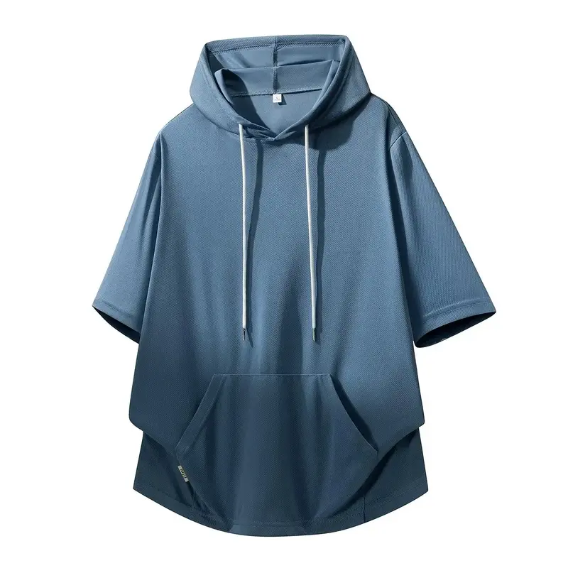 Men's Slim-Fitting Plain Short-Sleeve Hooded Pullover Sweatshirt - Polyester Menswear, Sporty Stylish Breathable Foldable, Drawstring, Kangaroo Pocket, Machine Wash, Casual Top for Summer Street Outings, Daily Commute#SummerWins