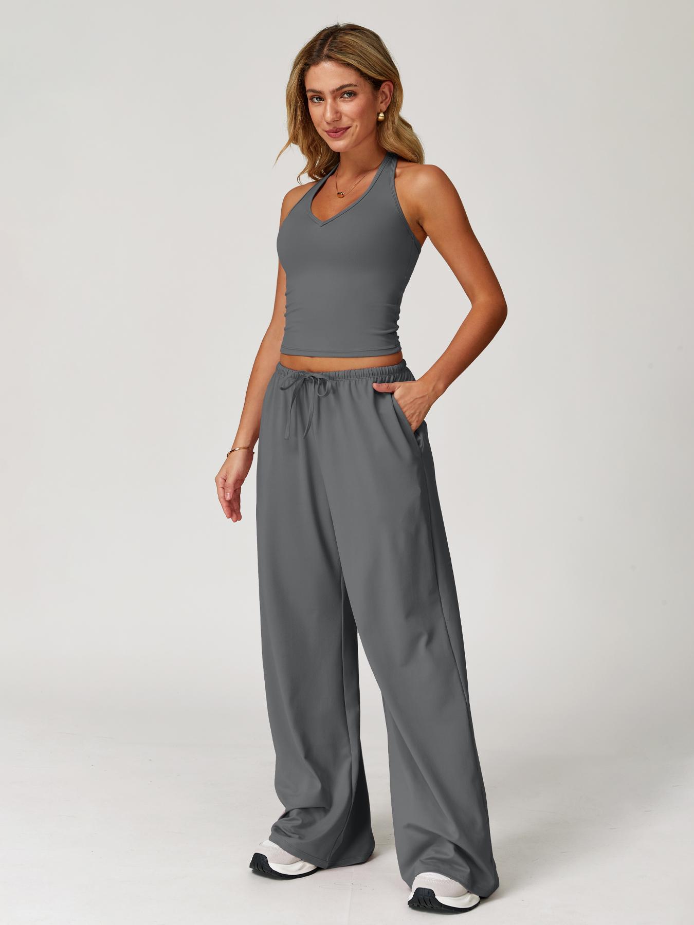 Women's Solid Halter Neck Top & Wide-Leg Pants Sports Set, Casual Sleeveless Top & Pants for Daily Outdoor Wear, Ladies Activewear Set for Tennis and Running, Workout Clothes, Breathable Activewear, Yoga Gym Outfits