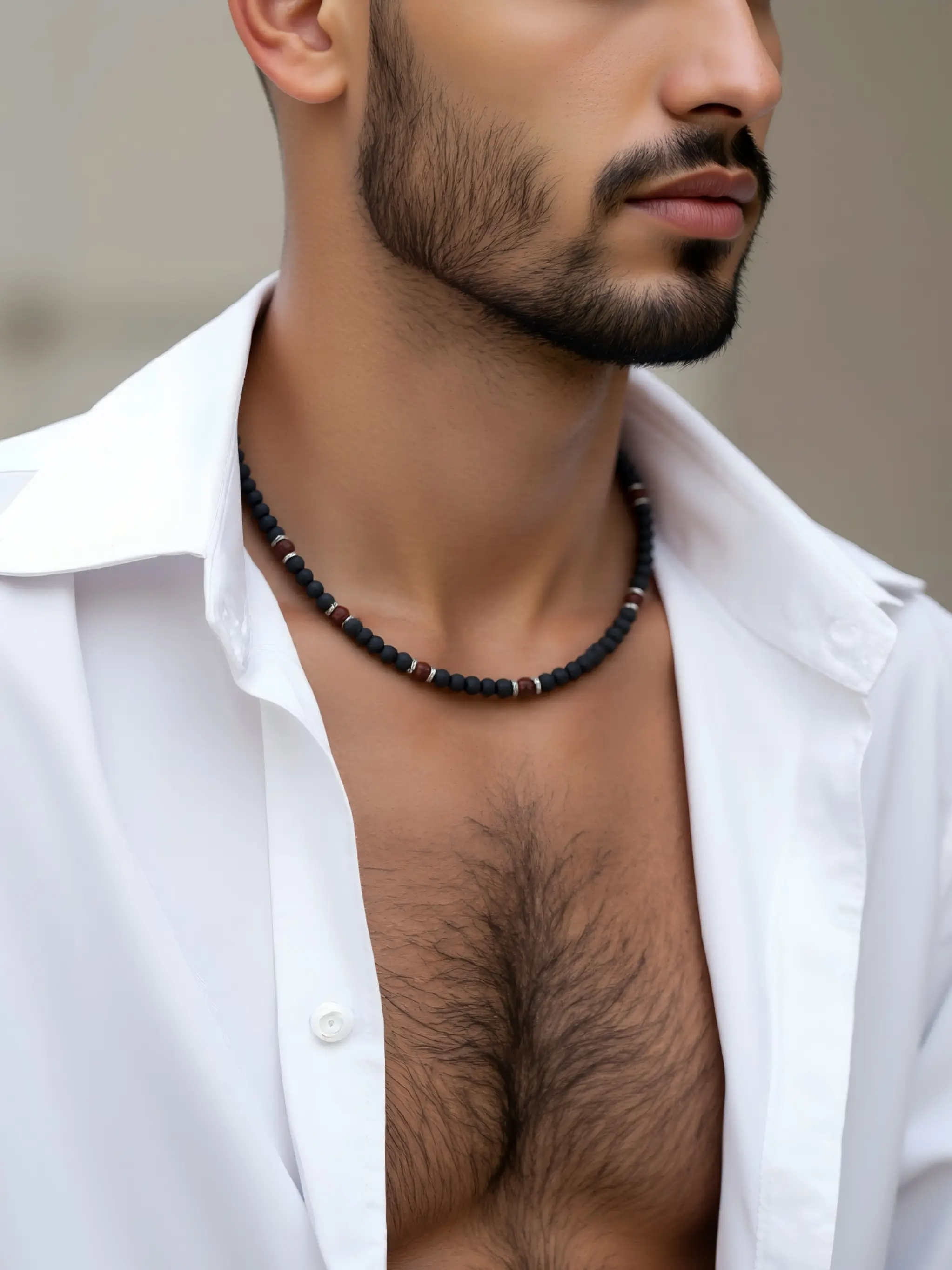 Men's Matte Glass Bead Necklace, Mixed Glass Beads and Silver Color Spacer Chain, Adjustable Extender, Casual Streetwear Jewelry