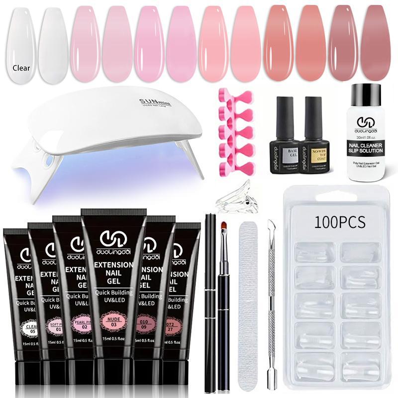 Poly Nail Gel Set, Polygel Nail Kit, 6 Colors Neutral Glitter Extension Gel Nail Enhancement Set with Nail Dryer Lamp, DIY French Design Nail Art Kit for Home Salon