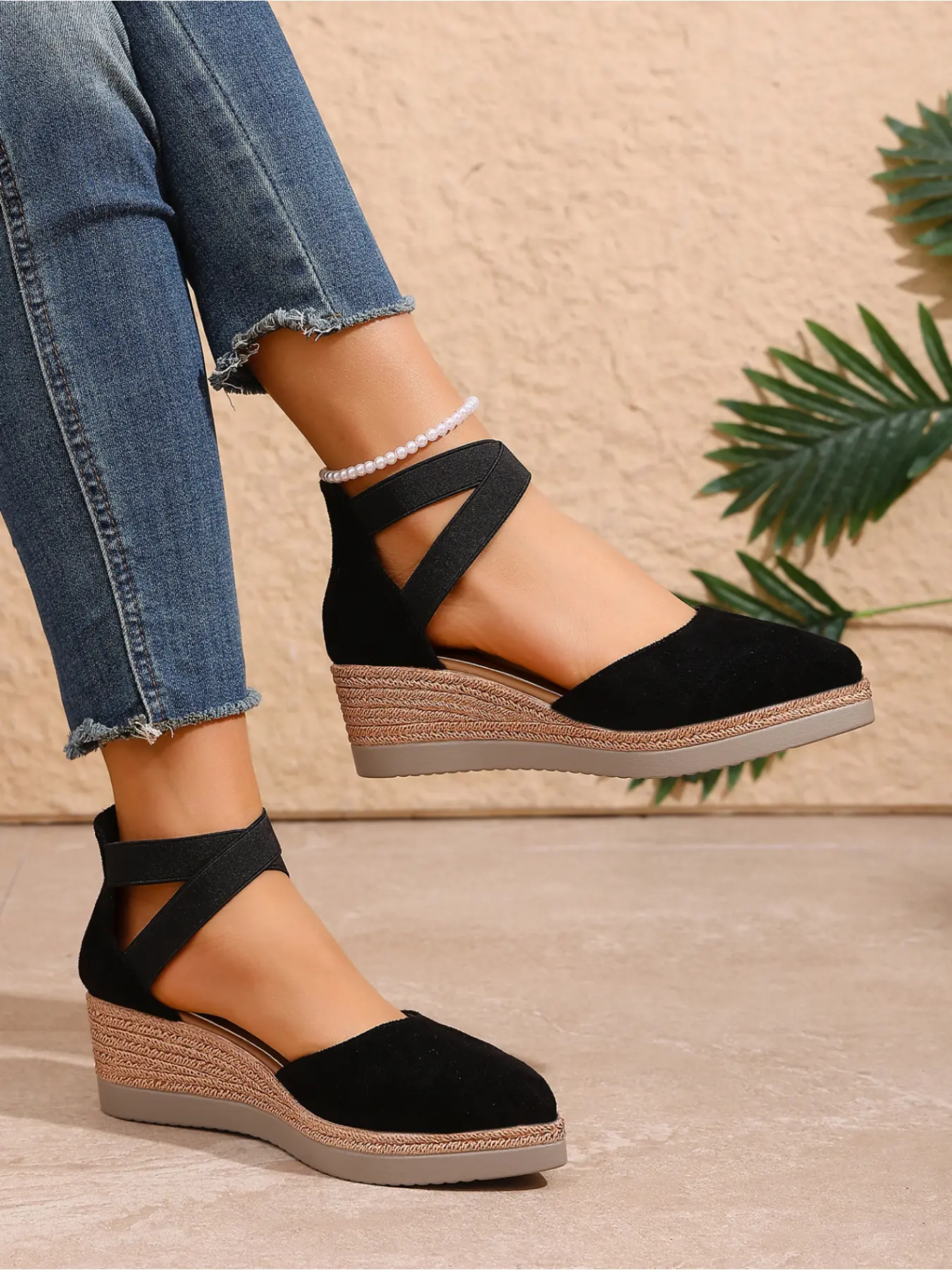 French retro fashion linen woven summer wedge heel women's shoes with elastic toe and cross ankle strap, Stylish empty sandals for beach vacation, thick sole, height increasing fisherman's single shoe