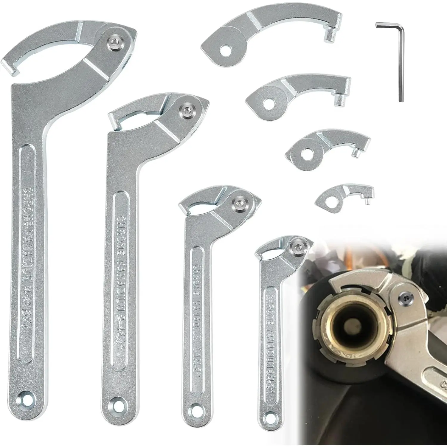 Adjustable Pin Spanner Wrench Tool Set, 9 Pack C Spanner Nut Wrench Tools with Changeable Heads, Coilover Hook Wrenches for Suspension System , Nut Adjustment, 3/4" to 6-7/10"