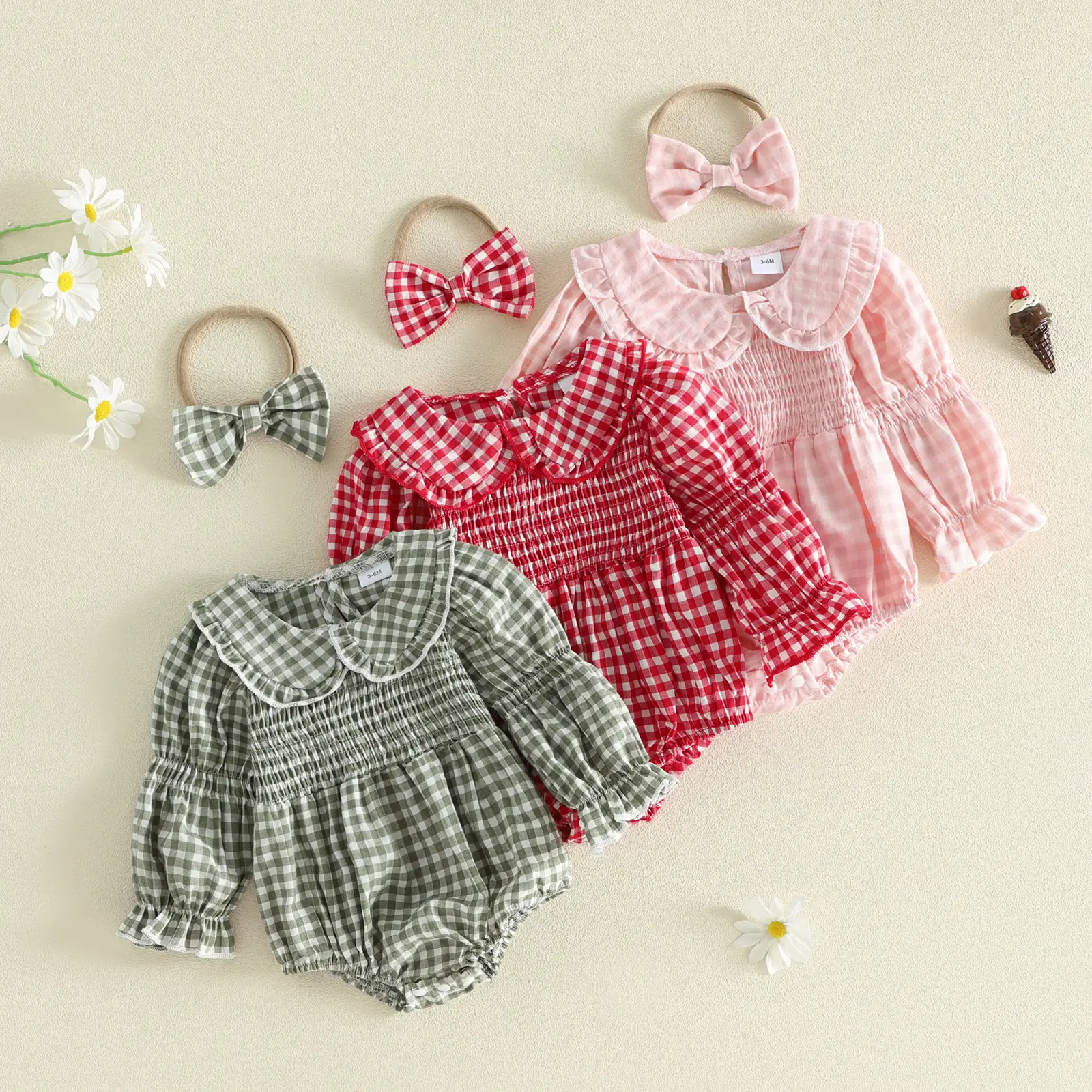 Infant Baby Girls Outfit Long Sleeve Doll Collar Plaid Print Romper and Headband Fall Winter 0-18 Months