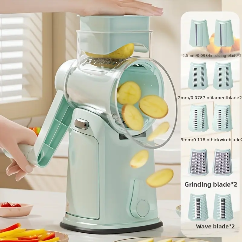 Handheld Rotating Cheese Grater with 10 Replaceable Blades Vegetable Slicer Anti-Slip Suction Base for Cheese Fruit Vegetables Nuts Salad Kitchen Utensils