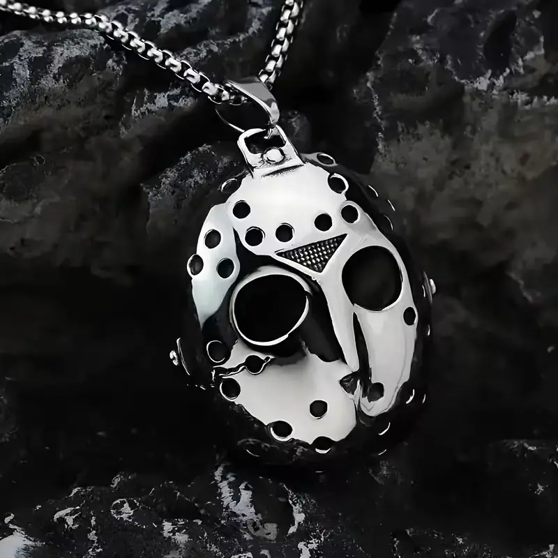 Vintage Stainless Steel Pendant Necklace, Friday Jason Mask Chain, Unique Jewelry Accessory, Perfect Gift Idea