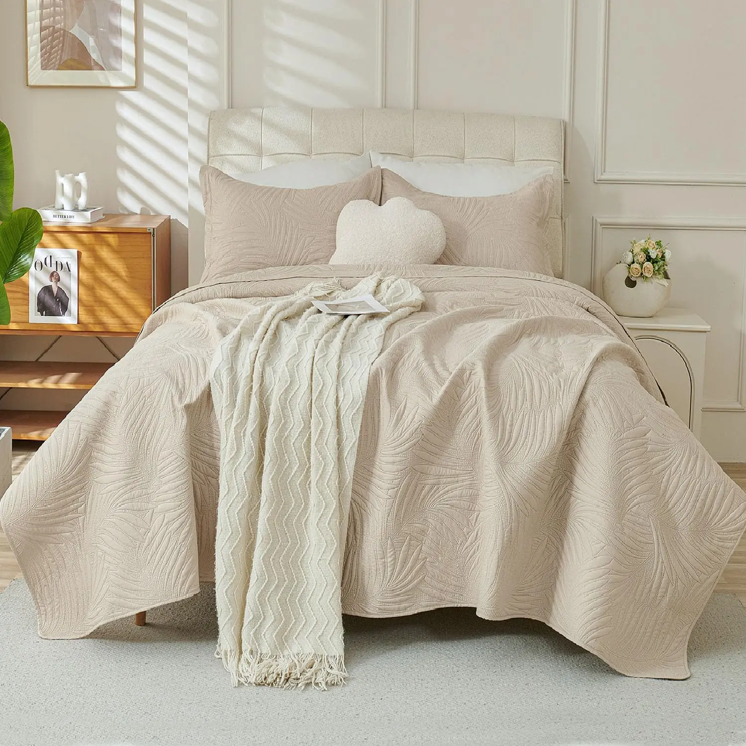 Beige Quilt Set  Size – Palm Leaf Lightweight Coverlet Bedding, Neutral Cream Quilt  Bedspread, Beige Quilt Set  & Full Size Option, Thin Quilt for Summer to Fall