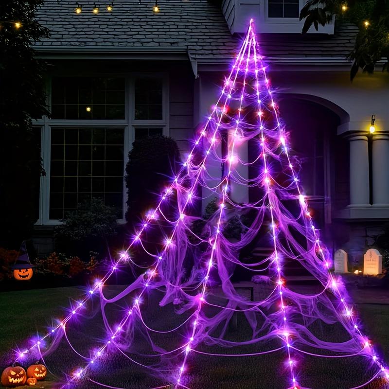 16ft Giant Spider Web LED Lights 250 Purple 8 Light Modes Outdoor Halloween Decor No Power Needed Easy Hang Spooky Show