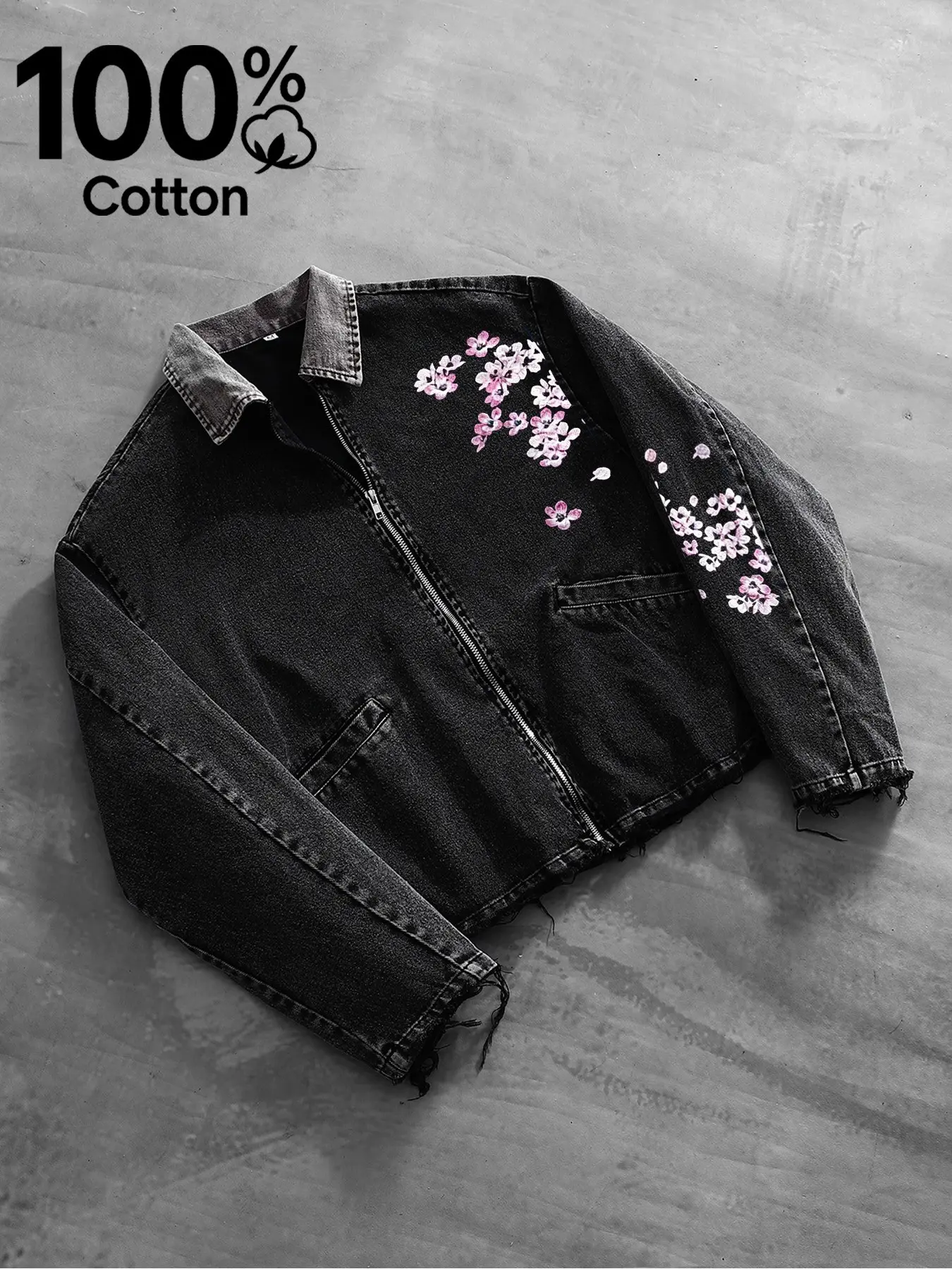 100% pure cotton jacket with cherry blossom print, unisex neutral street-style outerwear, casual fitted top for the fall season