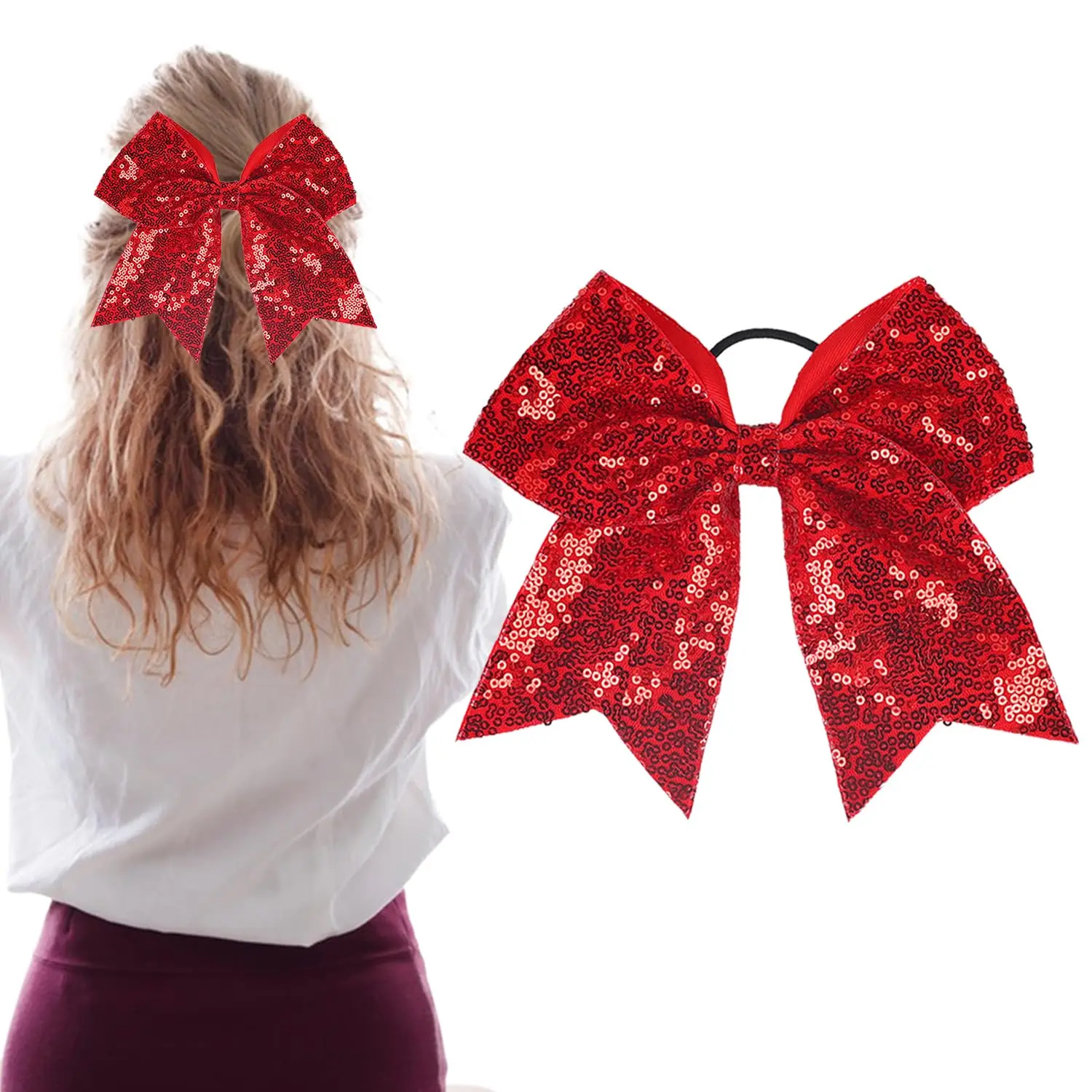 8’’ Christmas Bow Hair Ties Sequins Red  Bow Ponytail Holder Large Bowknot Ribbon Rubber Bands Glitter Hair Accessories for Women Girls  Teens Wedding Valentine's Day Party Favor