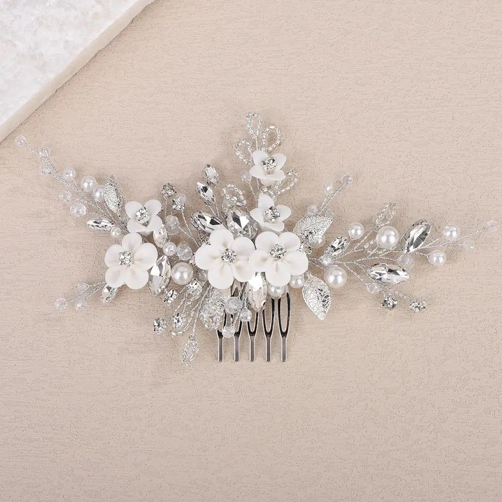 Pearl Crystal Wedding Bridal Hair Comb Silver Flower Party Hair Accessories for Women Handmade Bride Hair Comb Leaf Headpiece