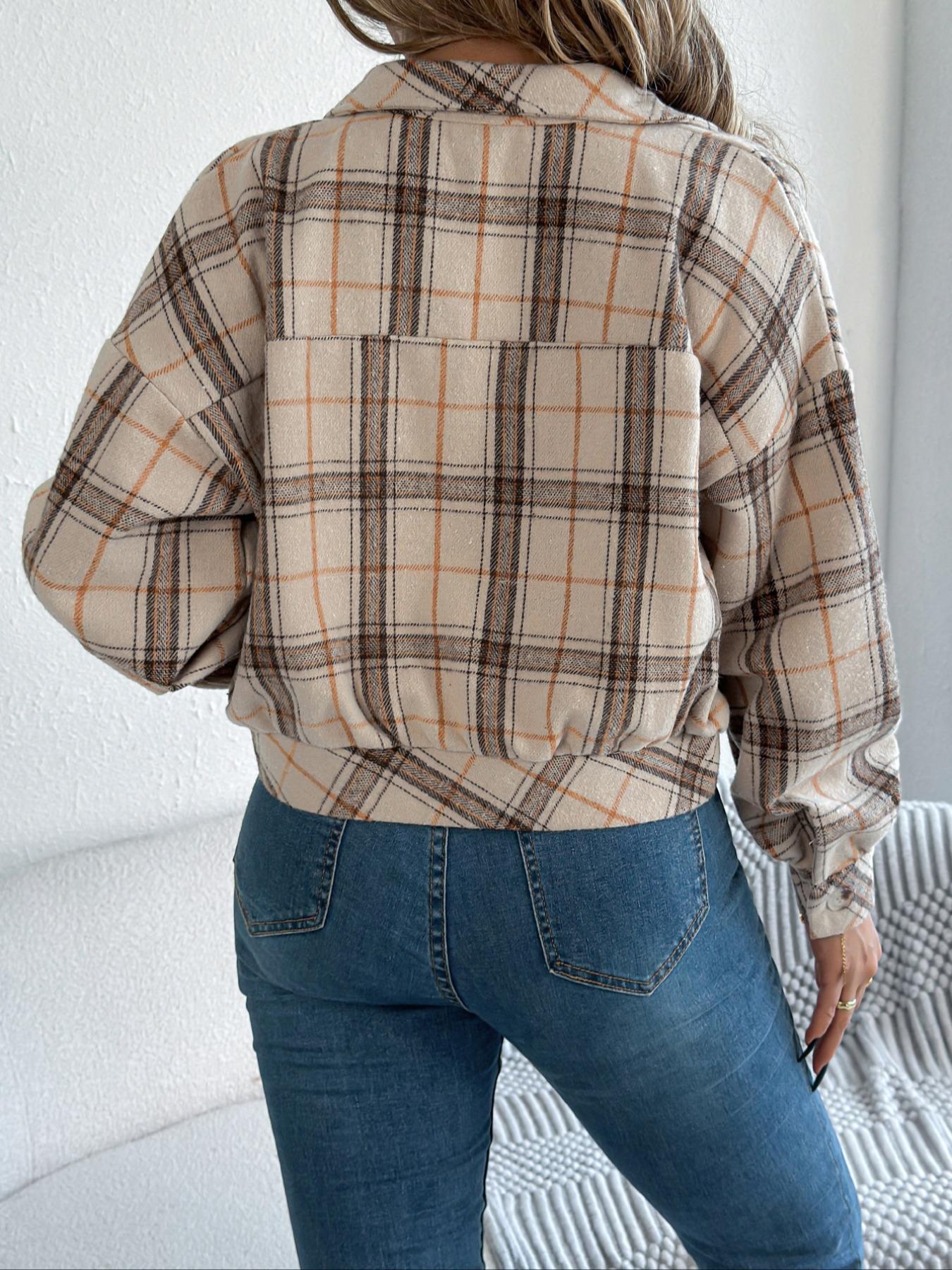 Women's Plaid Print Button Front Drop Shoulder Fashion Fit Jacket, Casual Long Sleeve Collared Autumn Outerwear for Fall & Winter, Ladies Clothes for Daily Wear, Casual Fashionable Jacket