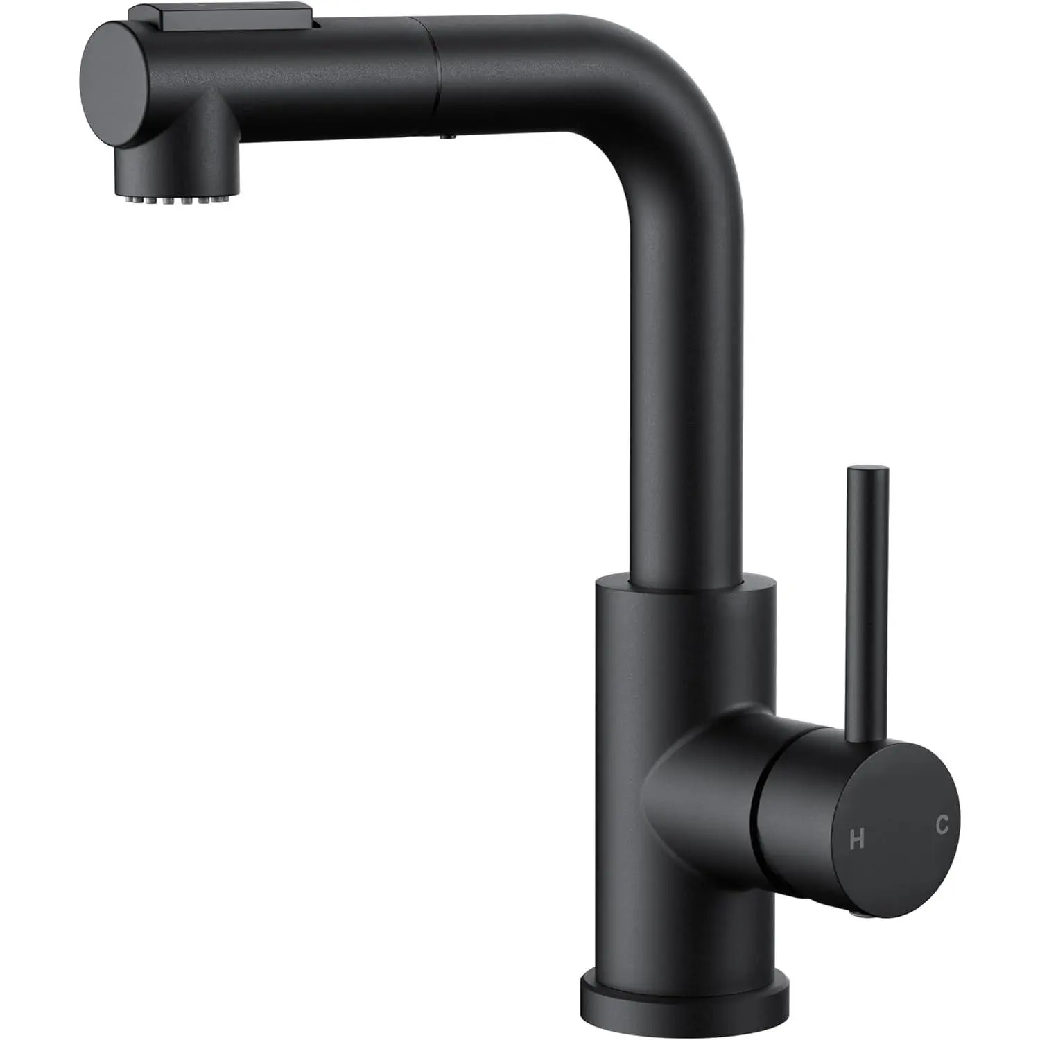 FORIOUS Modern Black Bar Sink Faucet, Stainless Steel Single Handle Small Pre Kitchen Faucet with Pull Out Sprayer, 360° Swivel L-Shaped Spout, Suitable for Camper, Outdoor Bathroom, RV