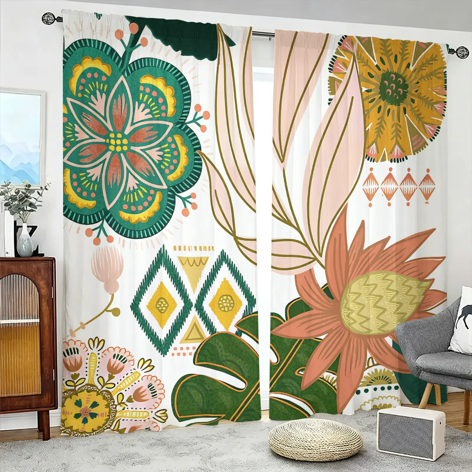 2 Panels Boho Ethnic Floral Geometric Print Curtains, Rod Pocket No Drilling Insulated Noise Reduction Privacy Protection Drapes, Southeast Asian Vintage Style Bedroom Living Room Balcony Decoration