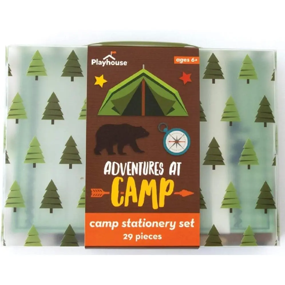 28-piece Adventures at Camp Boys Stationery Set with Tote and Pen | Includes Paper, Envelopes, Post Cards, Activity Log Book, Address and Autograph Book, Coordinating Stickers, Eraser and PenGift