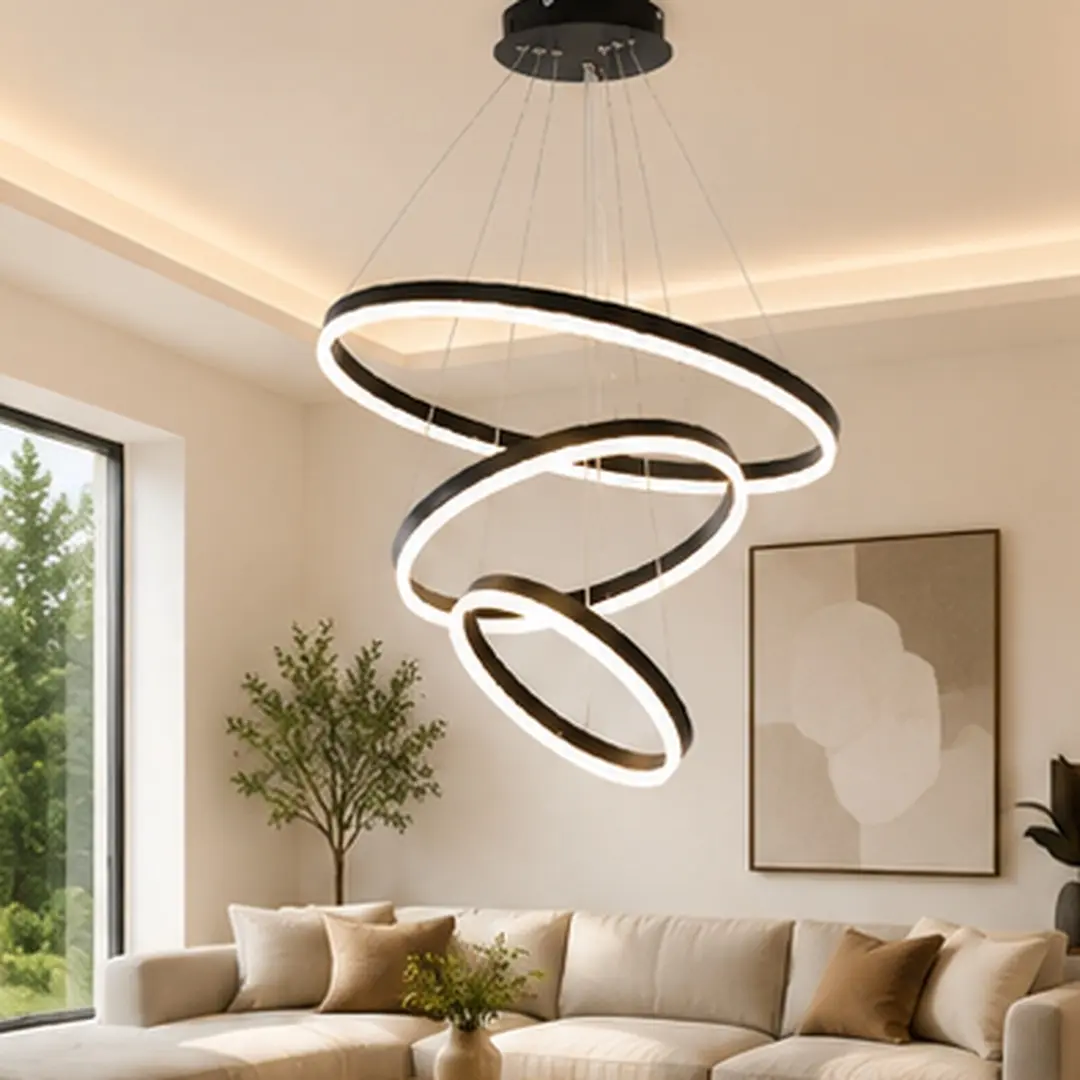 ARCH Modern 3-Ring LED Chandelier Pendant Light Fixture, Dimmable Remote Control, Adjustable Height 59 Inches, 3000K-6000K Color Temperature, Acrylic and Aluminum, Black or Gold Options, for Dining Room Kitchen Living Room Entryway Staircase