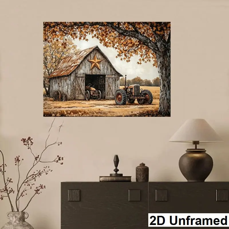American Retro Autumn Barn Tractor Landscape Decorative Painting, Rustic Farmhouse Wall Art, Elegant Home Decoration, Ideal Christmas Gift