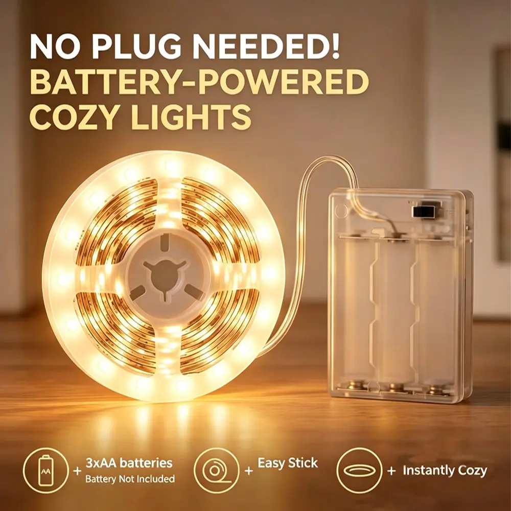 Cordless Battery-Powered LED Strip Light, Warm, Self-Adhesive, Ideal for Cabinets, Bedrooms, Closets, TV Background, Desks