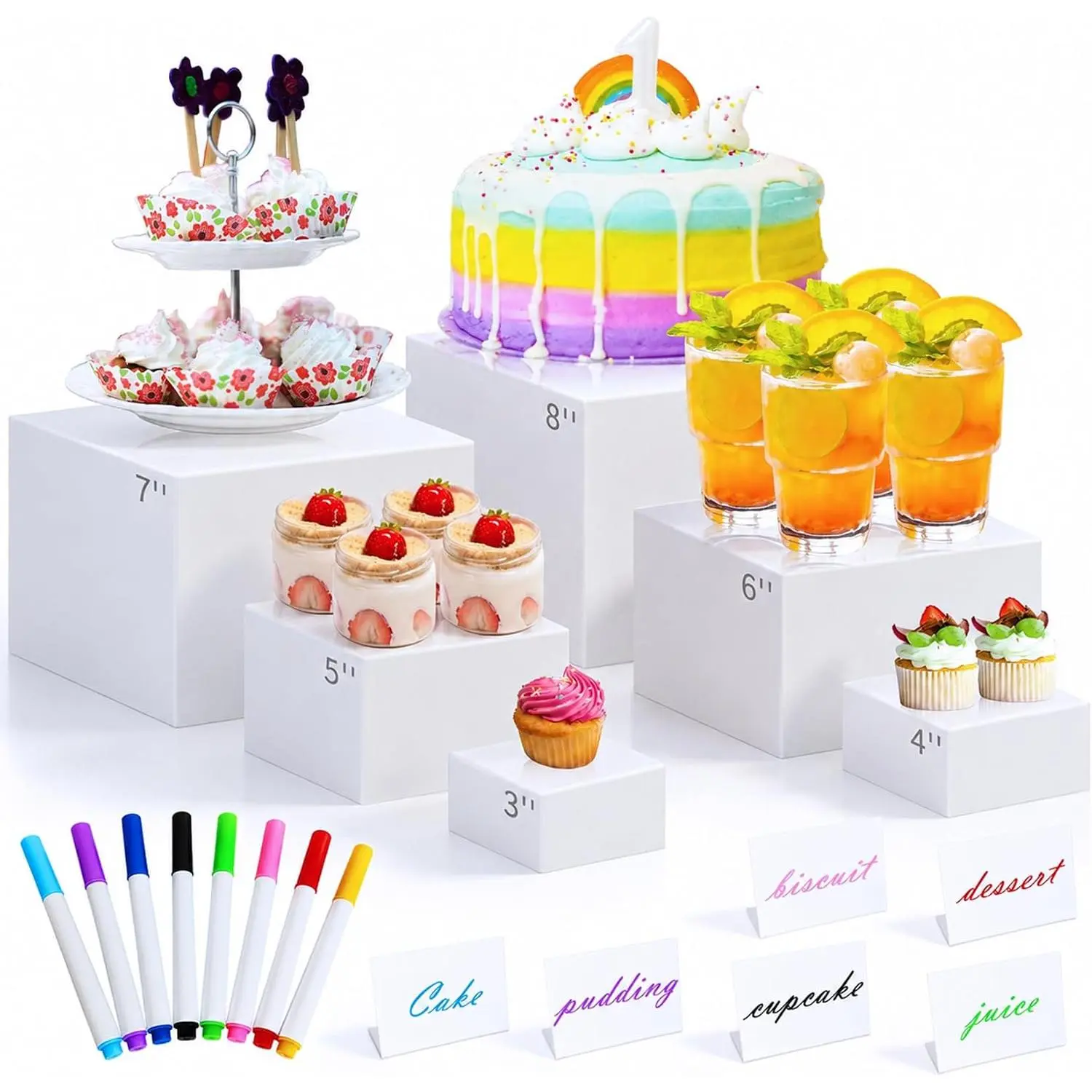 6-Count Multi-Size Modern White Synthetic Buffet Risers with Mini Sign - Easy-Clean Cube Display Shelves for Weddings, Party Catering (Dessert, Cupcake Display Use)