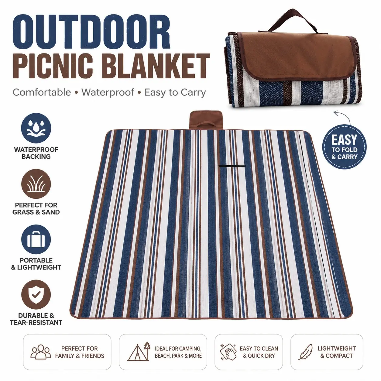 Extra Large Thickened Picnic Blanket, Waterproof & Sandproof, Foldable Portable Beach Blanket, Outdoor Camping Mat for Park, Lawn, Travel, Family Picnic