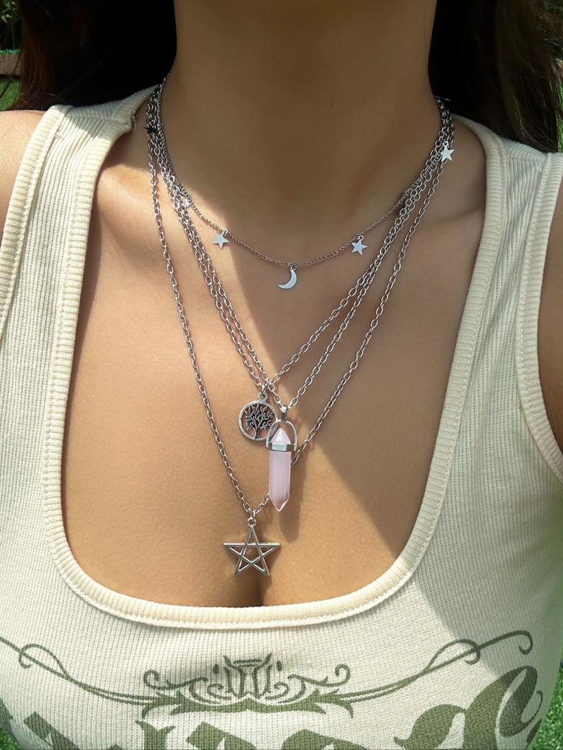 4pcs Vintage Star Moon Pendant Necklace for Women & Girls, Daily Wear Necklace, Girlfriend Gifts Jewelry, Fashion Chic Gorgeous Jewelry for Party, Daily Clothing Decor, All-match & Exquisite Jewelry for Birthday Gift, Trendy Charm Necklaces, Gift Ready