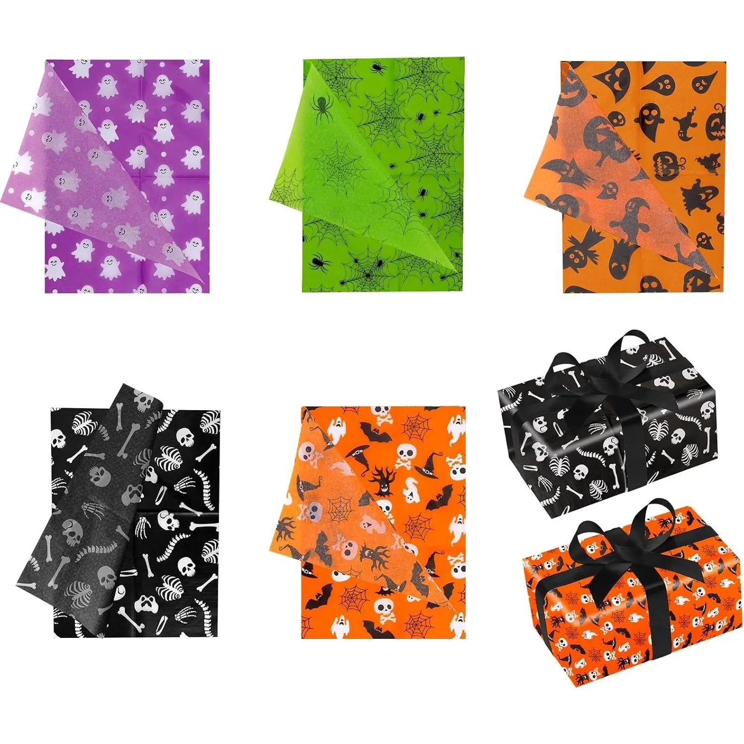 Halloween Tissue Paper (Set 5) - 30 Sheets, 13.8x19.7in/35x50cm Cuttable Sizes, 5 Multiple Styles Classic Themes Printed Patterns for Gift Packaging, Halloween Party Decor (Office Stationery & Gift Wrapping Supplies), Wrapping Craft, Ghosts, Skulls