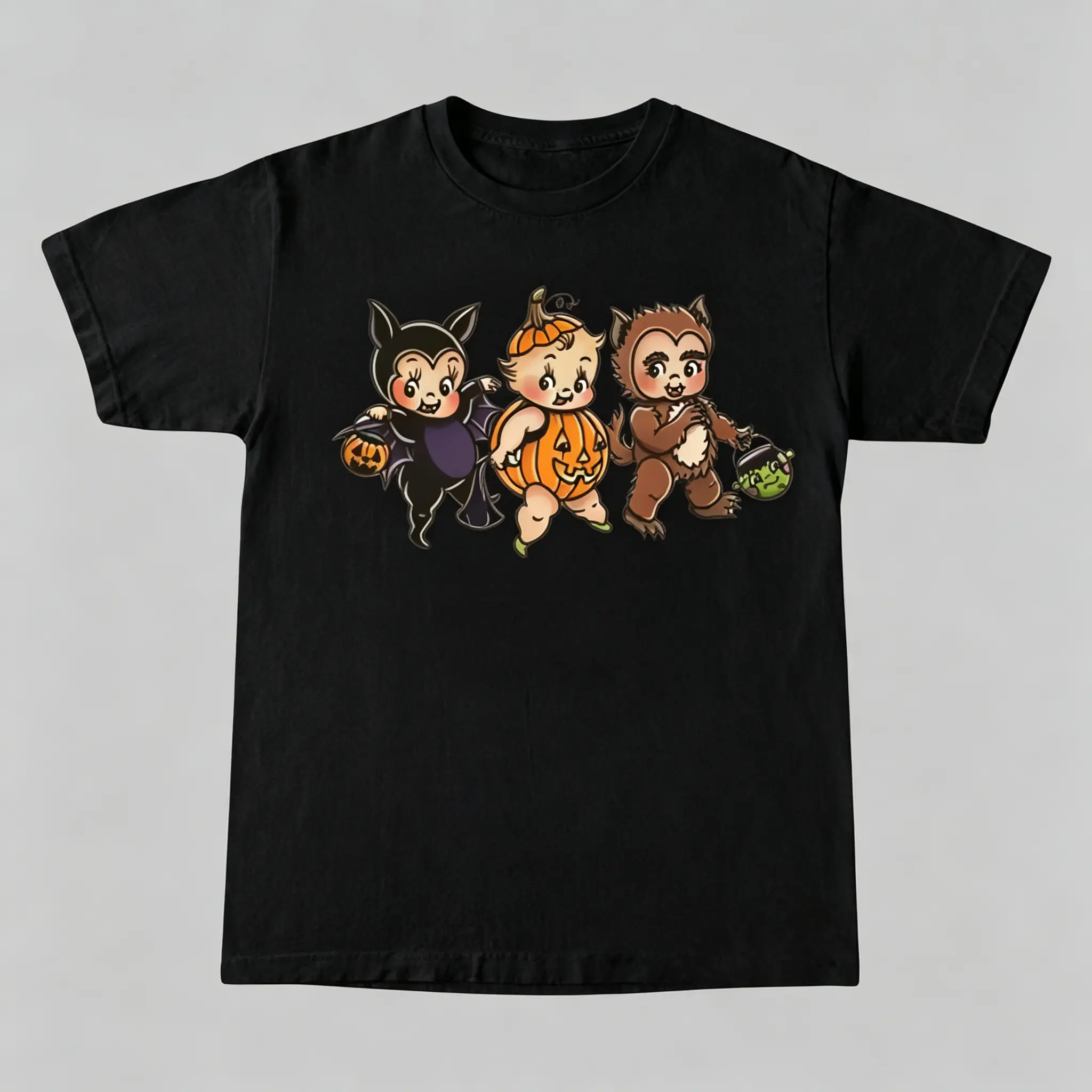 Women's Kewpie Halloween Cotton Print T-Shirt, Classic Comfy Casual Retro Pumpkin Bat Funny Graphic Unisex Gift, Apparel, Tops