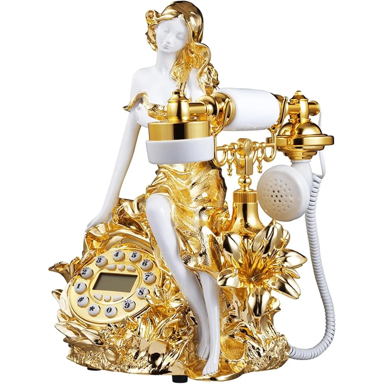 Decorative Landline Phone for Home, Golden Old Fashioned Caller ID Telephone, Vintage Antique Desk Phones for Home/Office/Business/Hotel, Novelty Beauty Telephones
