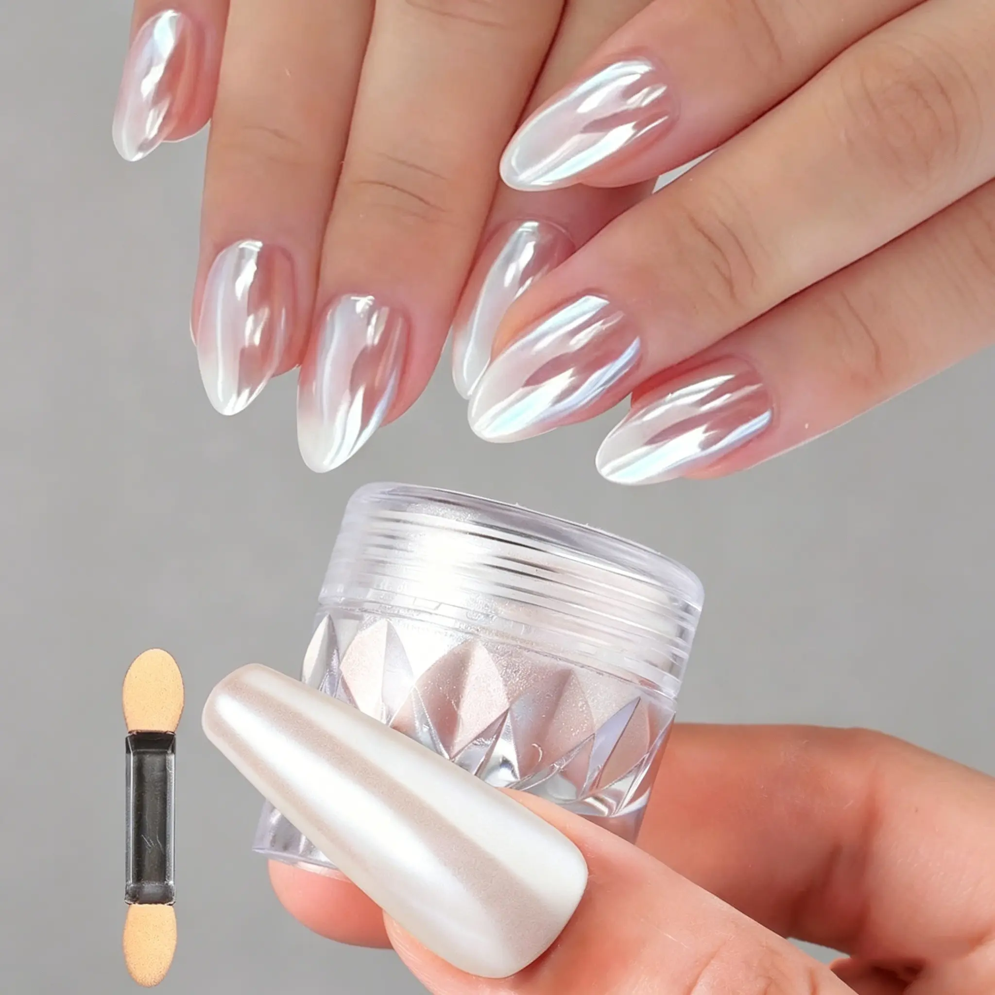 1 Bottle White Chrome Moonlight Pearl Nail Powder Aurora Mirror Nailpowder With Smudge Tool Mirror Effect Nail Powder DIY Manicure Decoration