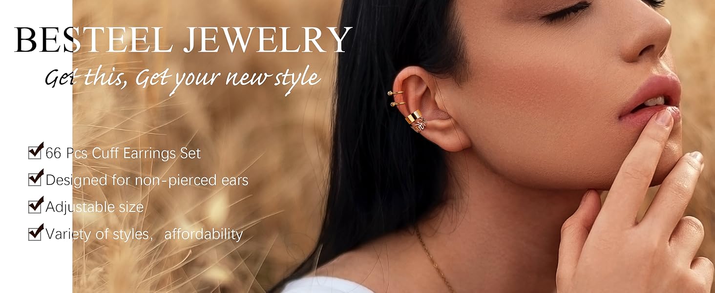 BESTEEL 66 Pcs Ear Cuff Earrings for Women Non Piercing, Hypoallergenic Fake Earringspearl, Silver Clip on Cartilage Earrings for Sensitive Ears, Gold Ear Wrap for Helix Cartilage magnetic earrings