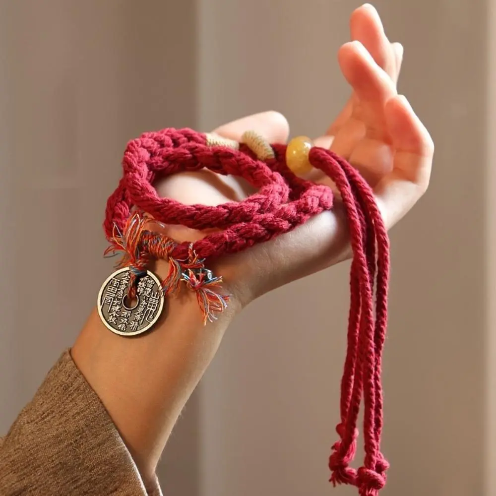 Hand-Braided Red Rope Bracelet with Retro Chinese Lucky Coin Charm and Tassel, Adjustable Water-Resistant Unisex Protection Jewelry, Valentine Birthday Graduation Gift, Vintage, Daily Wear, School, Funky Unique Accessories, Tassel Detail, Hand-Braided Rop