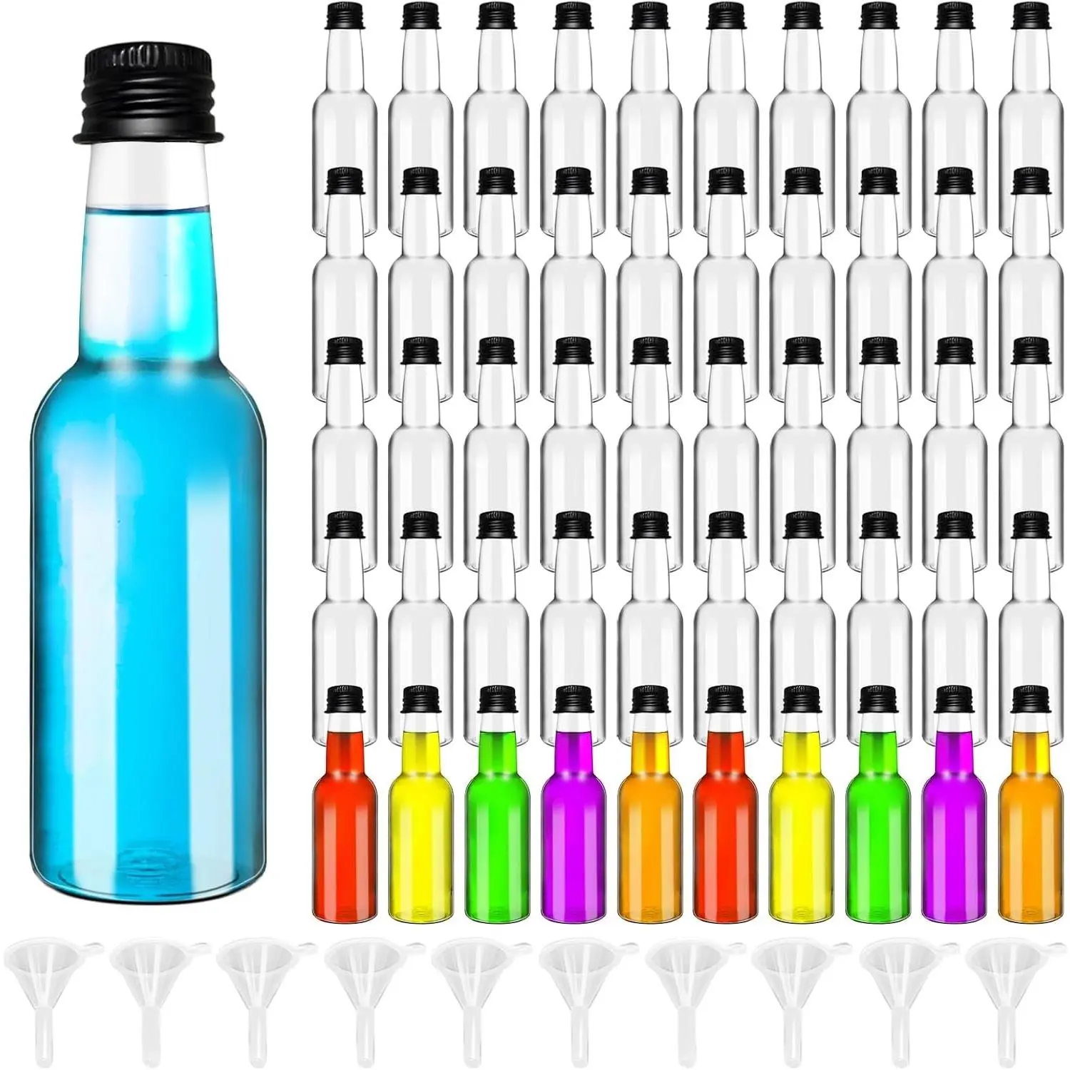 50 Pack 2 oz Mini Liquor Bottles with Black Cap,Airtight Plastic Spirit Bottle with 10 Funnels,Plastic Alcohol Shot Bottles for Weddings,Party Supplies