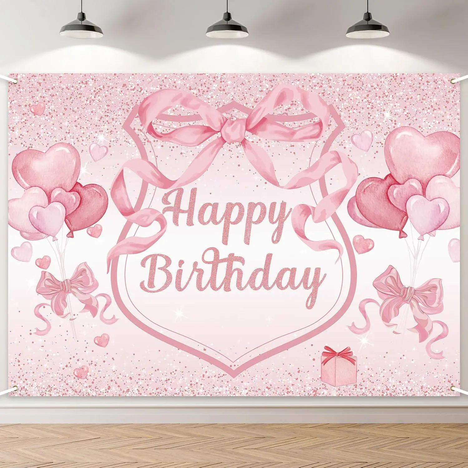 7 x 5 FT Happy Birthday Backdrop -    Bow with Glitter Happy Birthday Design, Aesthetic Party Photo Background Booth Prop for Indoor Outdoor Decorations