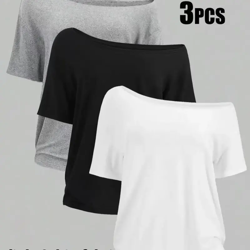 Women's Plus Size 3-Pack One-Shoulder Loose Short Sleeve T-Shirt Casual Solid Color Basic Top, Thin, Comfortable, Stylish and #GLOBAL PICKS