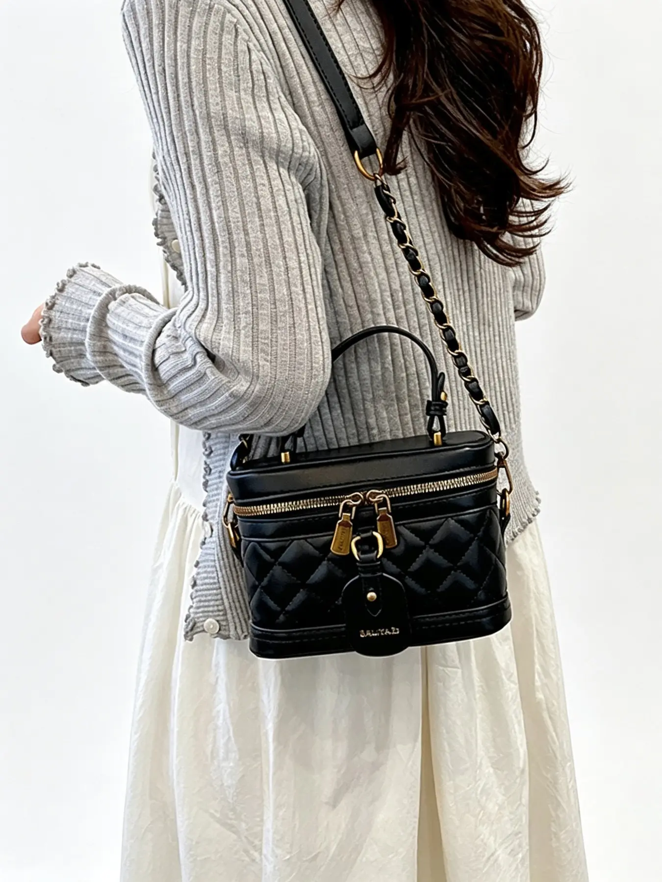 Vintage Rhombus PU Makeup Box Bag, Handle + Detachable Chain, Dual Zipper, Multi-Style Commuter Crossbody Phone Case, Casual Shoulder Sling