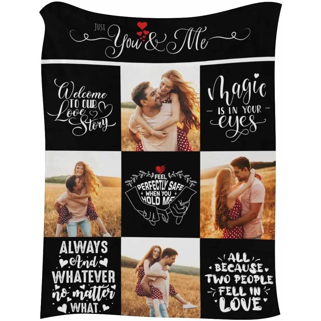 Personalized Romance Flannel Blanket - Photo Love Quote & Couple Collage, Breathable Wrinkle-Resistant Soft Warm Throw for Adults’ Bed/Sofa, Commemorative Gift for Valentine’s Day Anniversary Wedding