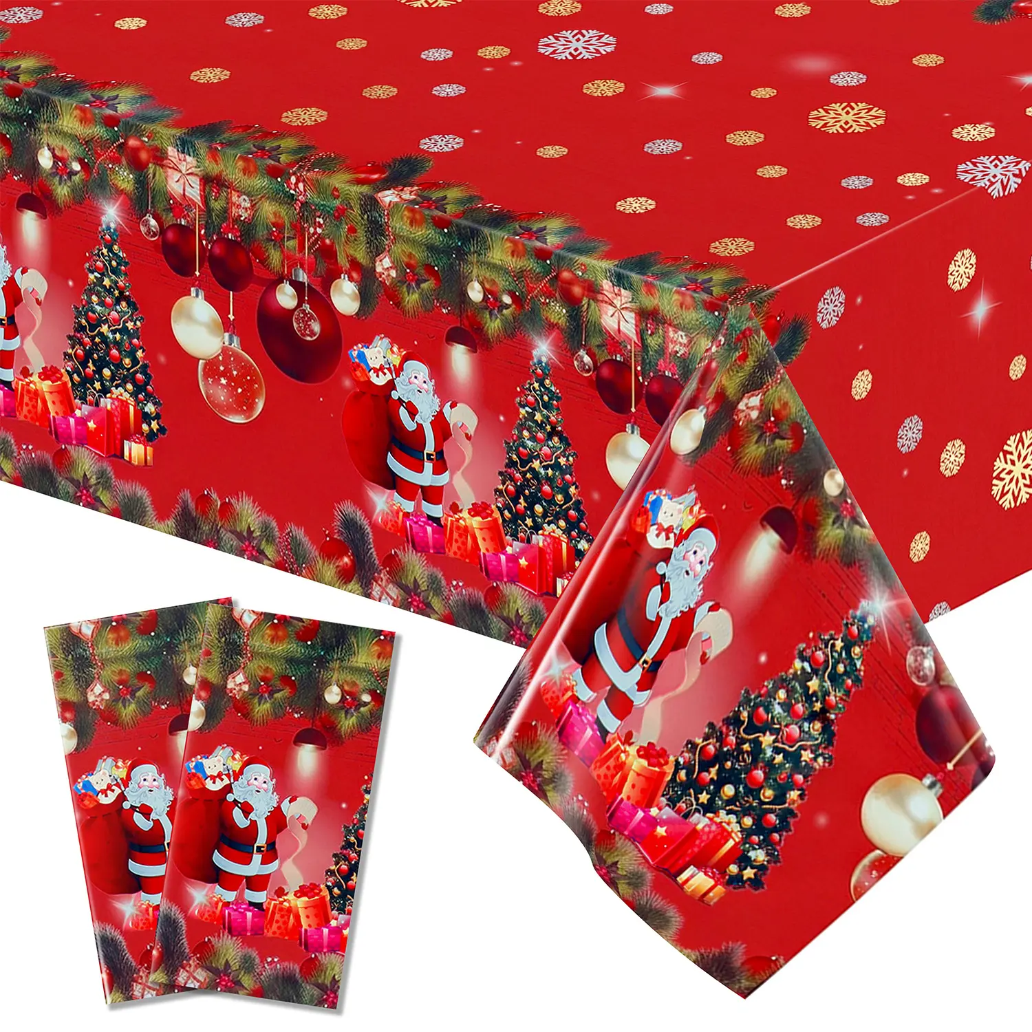 1/3 Pcs Disposable Waterproof Aluminum Foil Christmas Rectangle Tablecloth, 54×72/54×108 Inch Red Santa Christmas Tree Garland Print Decorative Table Cover for Holiday Dinner, Family Gathering and Christmas Party Decorations
