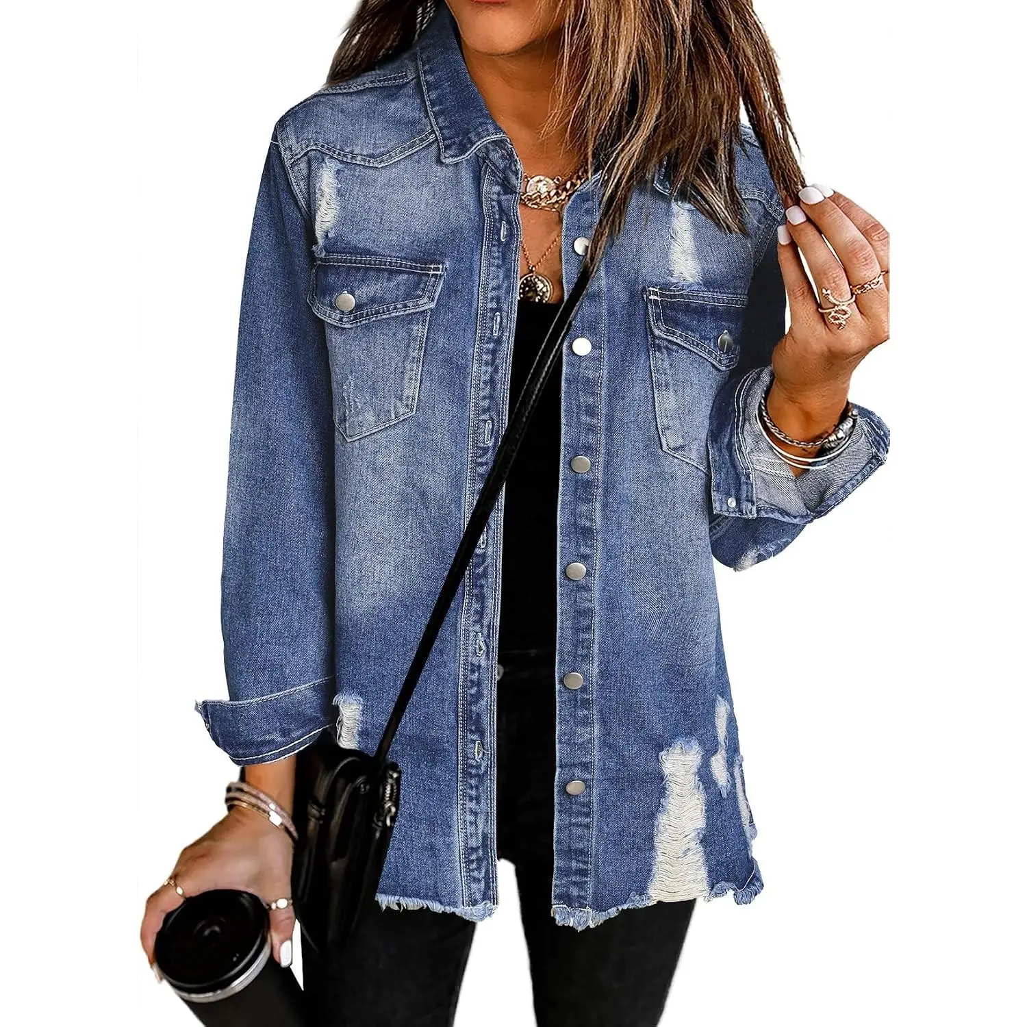 Women's Oversized Denim Jacket Casual Long Sleeve Distressed Jean Jacket - Lightweight Comfortable Fashion Trucker Coat for Daily Wear