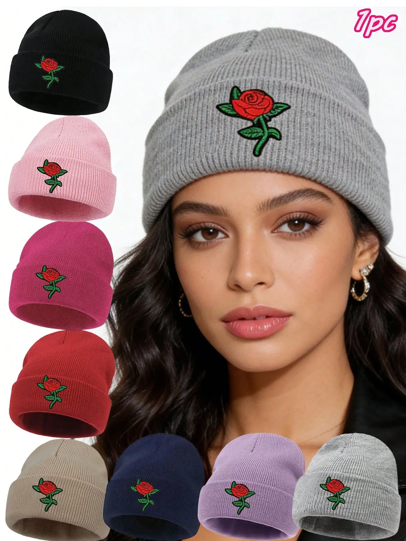 1PC Aesthetic Rose Floral Knit Beanie, Windproof Ear Protection Winter Hat, Winter Cuff Knit Beanie, Unisex for Men and Women, Skiing & Outdoor Trips, Street Shooting, Thoughtful Surprise Birthday Gift