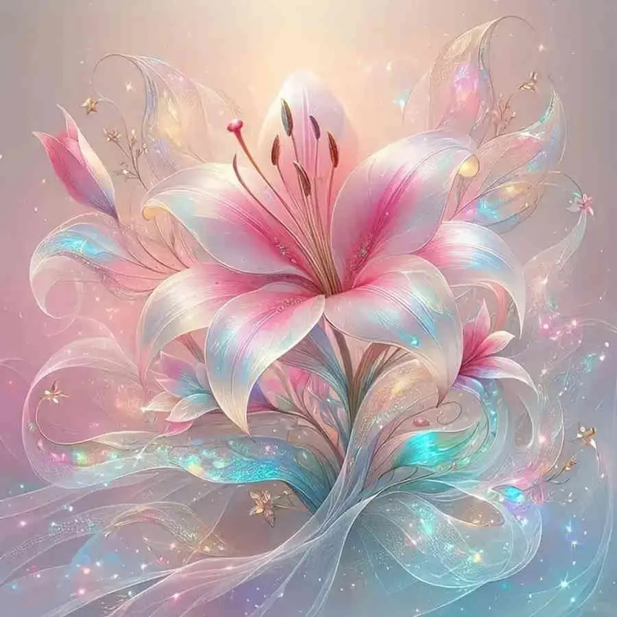 5D DIY Diamond Painting Kit Fantasy Pink Lily Glowing Transparent Ribbon Sparkling Floral Art Full Round & Square Drill Rhinestone Mosaic Cross Stitch Handmade Wall Art Home Decor Gift