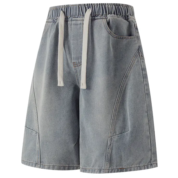 American-Style Three-Dimensional Drawstring Denim Shorts For Men, Y2K High Street Patchwork Distressed Denim Shorts, Vintage Washed Elastic Waist Wide-Leg Denim Mid-Length Shorts For Men #   SummerWins