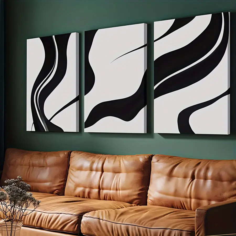 Minimalist 3-Piece Framed Abstract Black and White Triptych Canvas Wall Print Set, 2D Flat, Luxurious Home Decor for Bedroom, Living Room, Halloween, Christmas