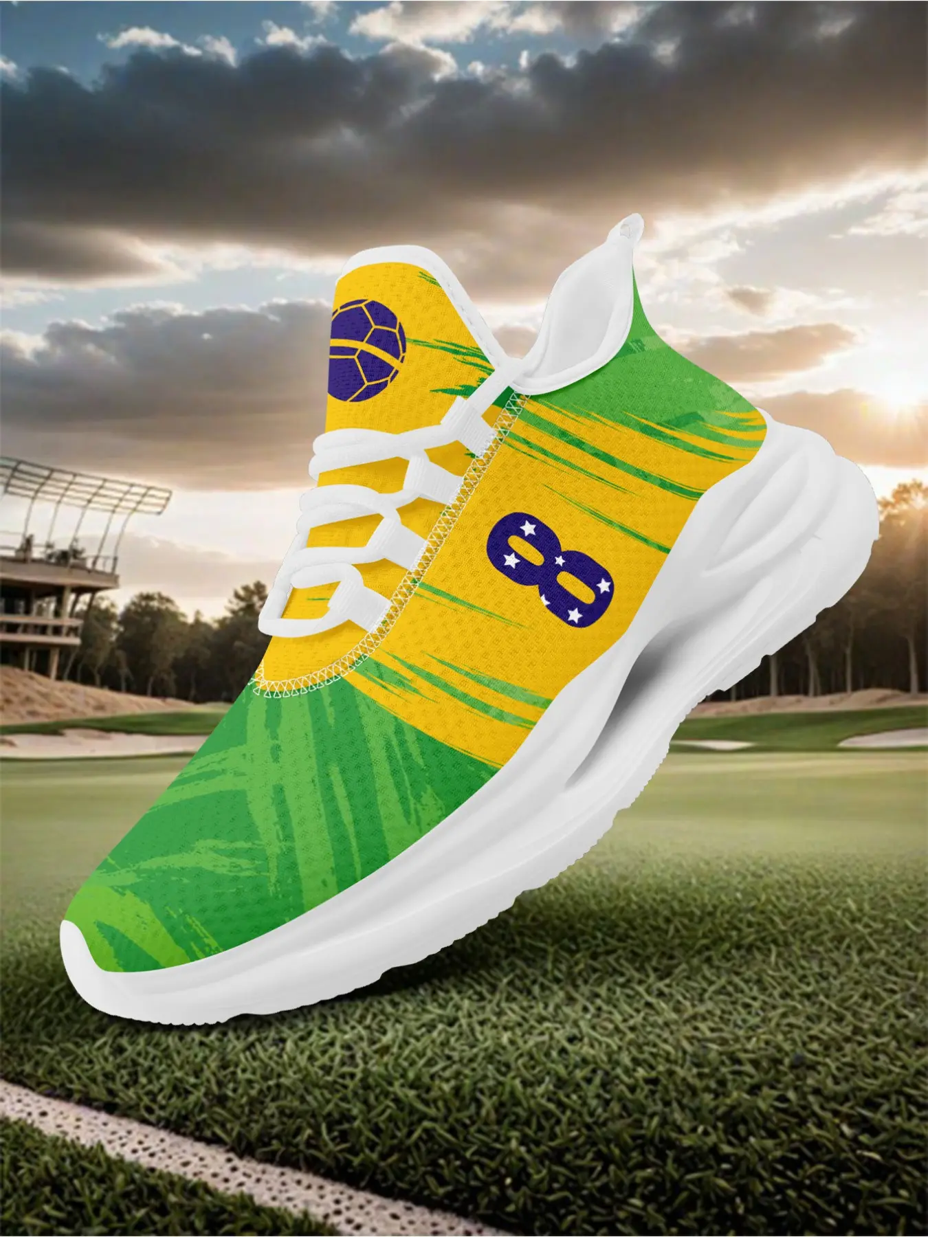 Men's Plus Size , BR Inspired Green & Yellow Soccer Print Sneakers, Number 9 Pattern, Ideal for Game Day & Casual Wear Footwear